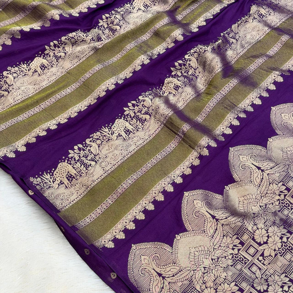 Crepe Georgette Jangal Design Saree - Purple