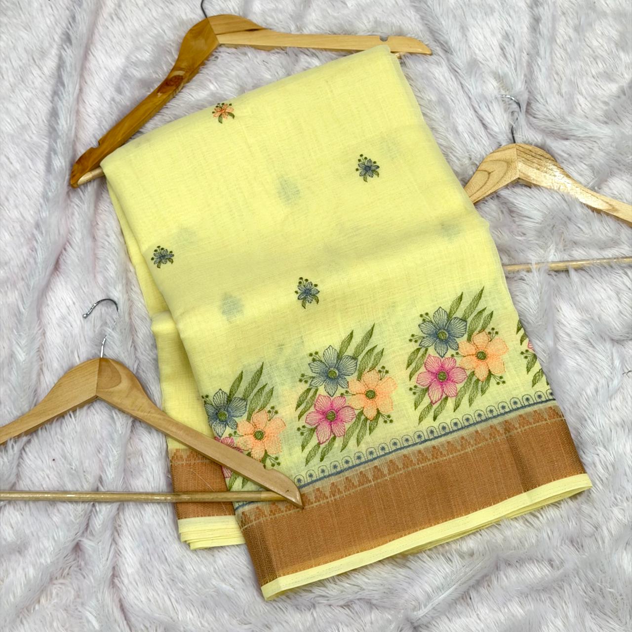 Cotton Linen Saree - Yellow