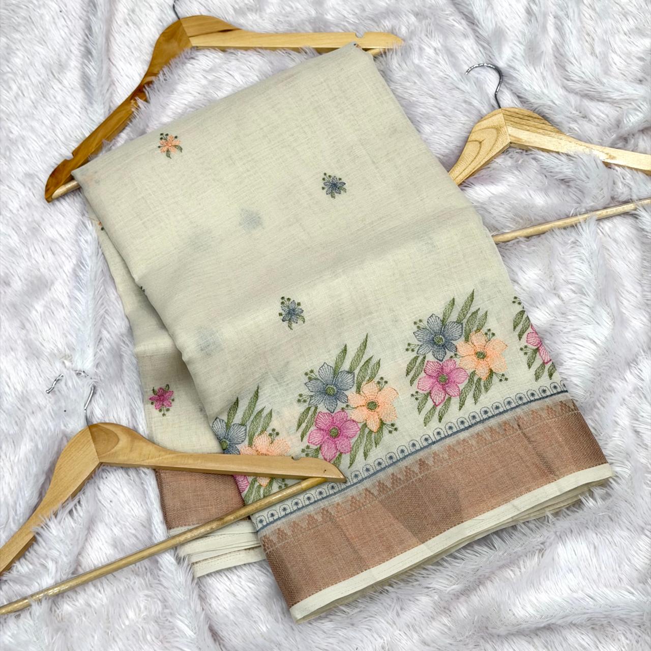 Cotton Linen Saree -  Off White