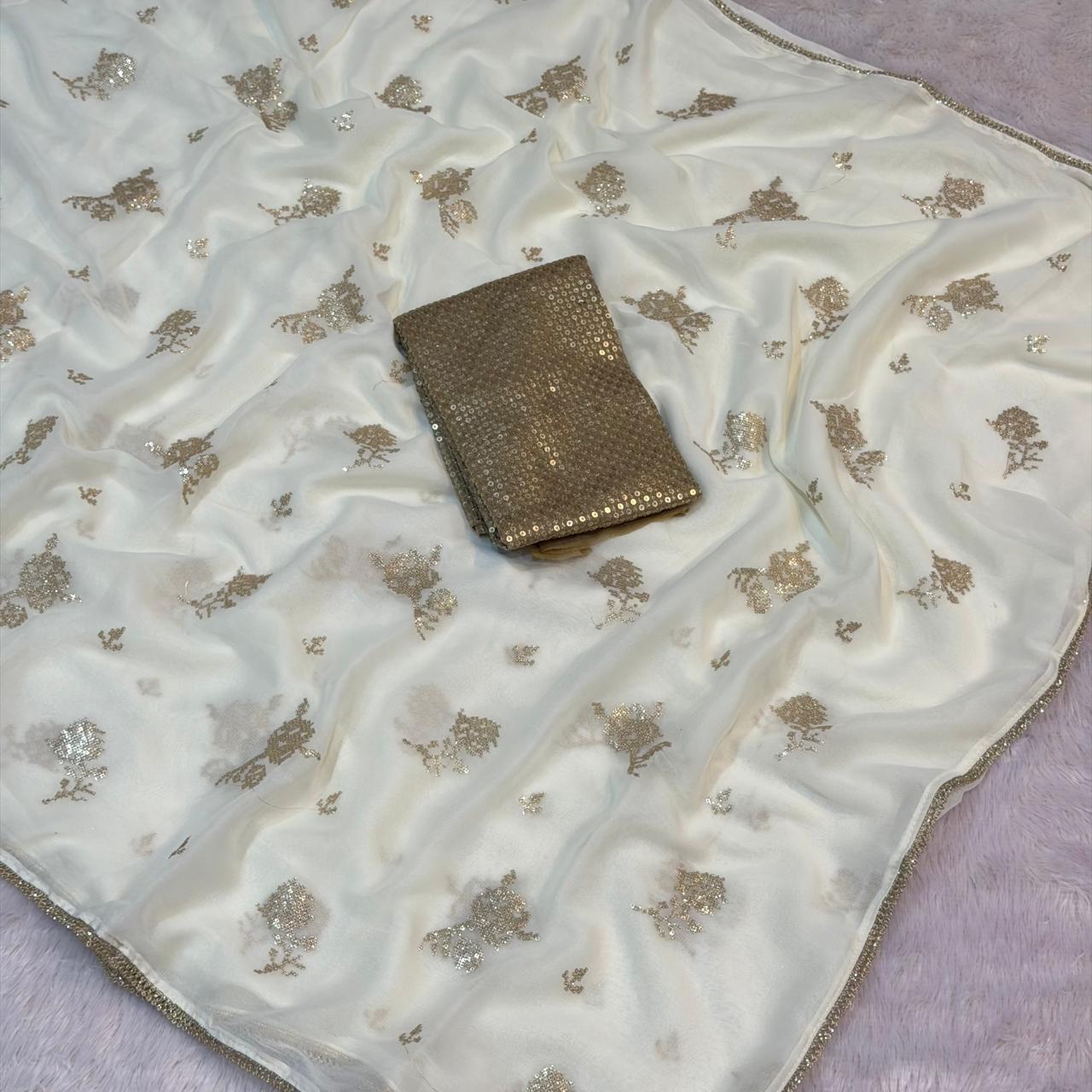 Glimmering Gold Georgette -  Off White