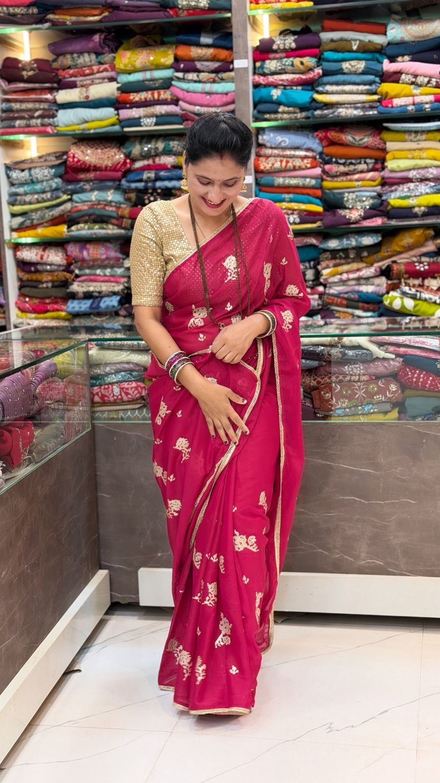 Glimmering Gold Georgette - Rani Pink