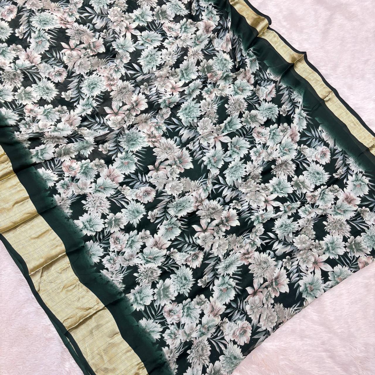 Full soft zari border Saree - Green