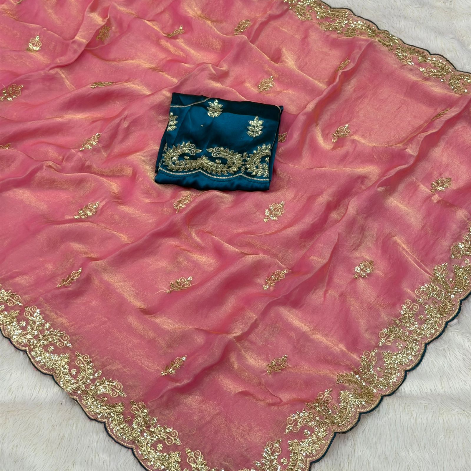 Designer Moss Fabric Saree  - Orange Shade