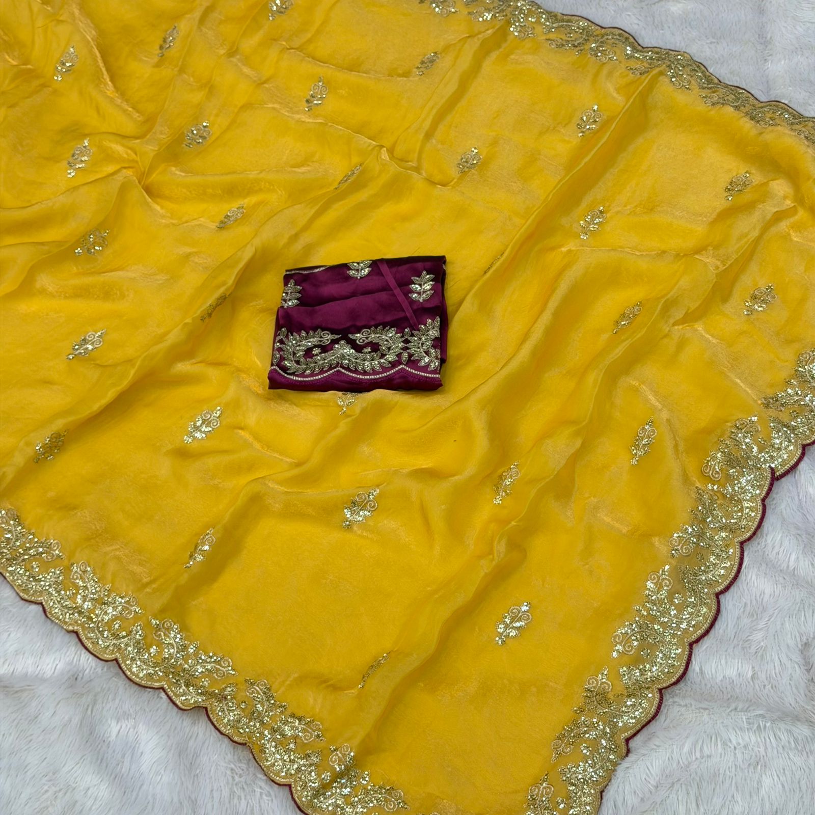 Designer Moss Fabric Saree - Yellow
