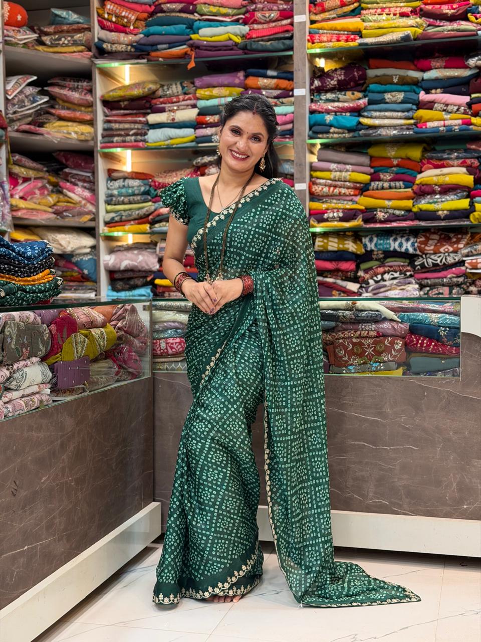 Simer shiffone bandhani saree  - Bottle Green