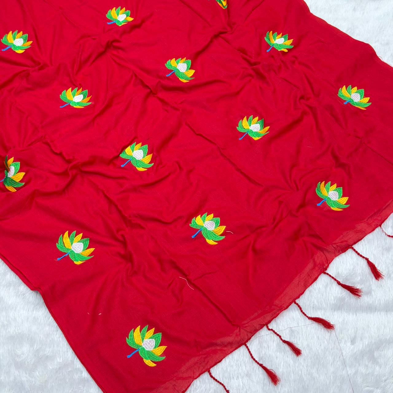 Padma Mal Cotton Saree -  Red