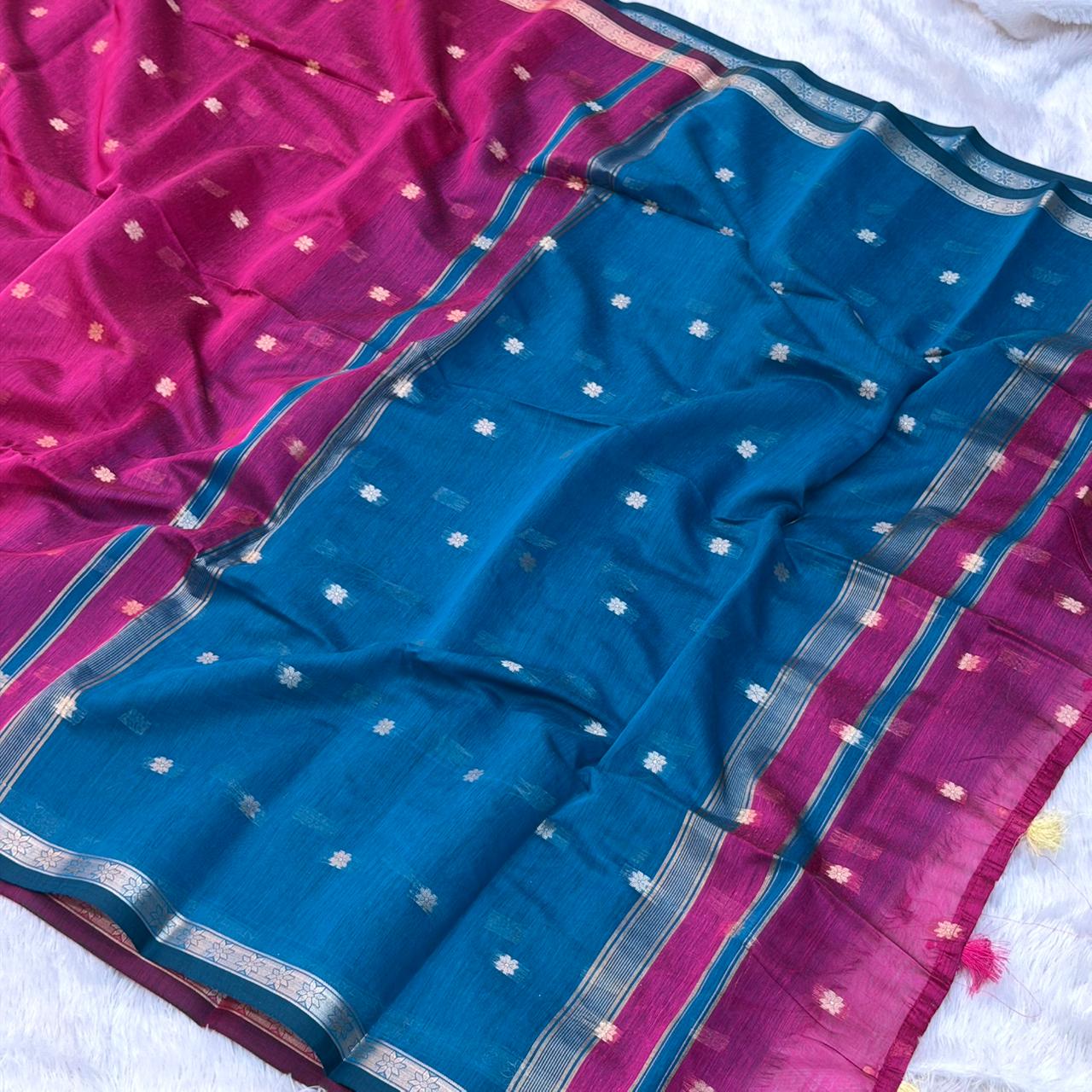 Cotton Silk Maheshwari Saree - Pink With Morpankhi