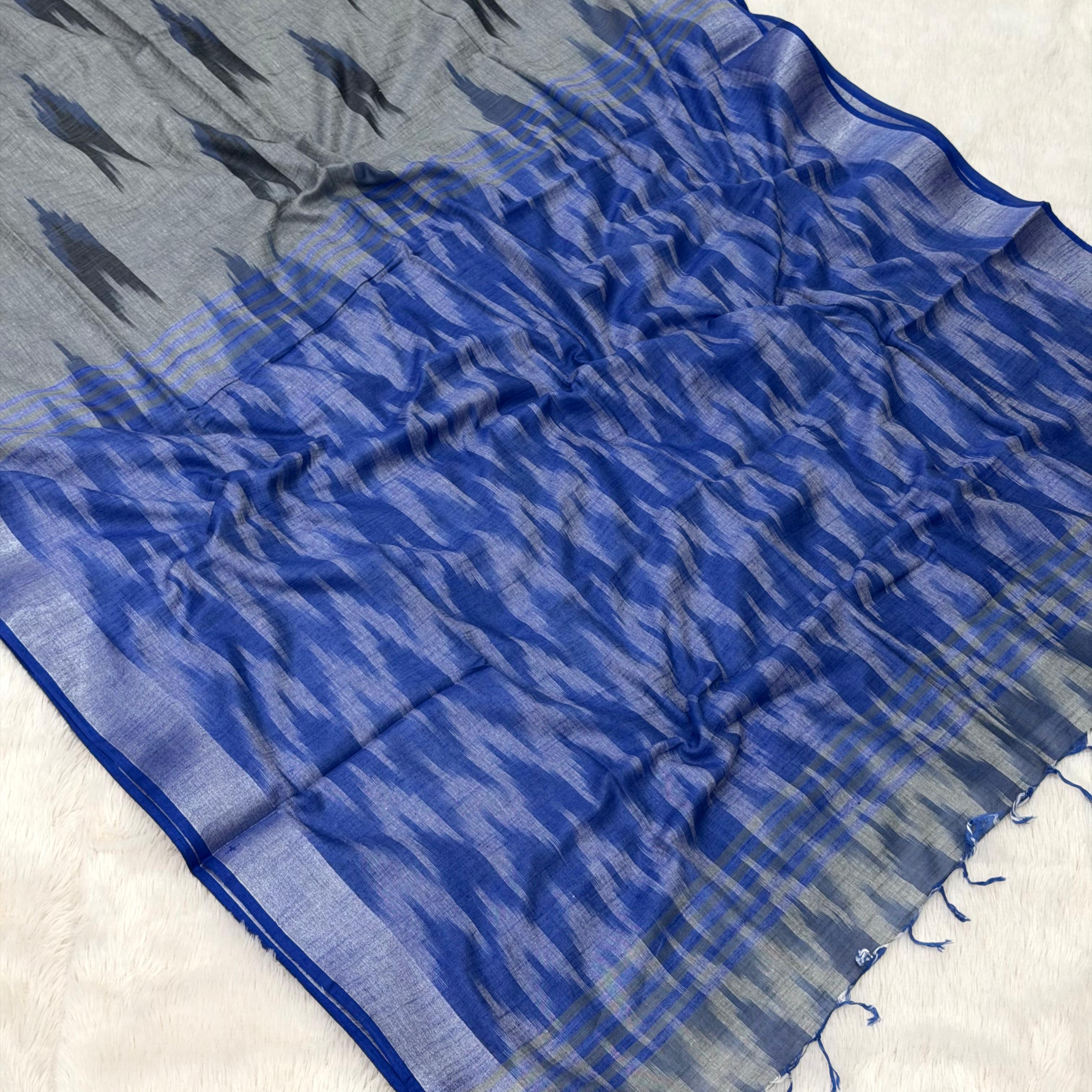 Naina Cotton Saree - Grey With Blue