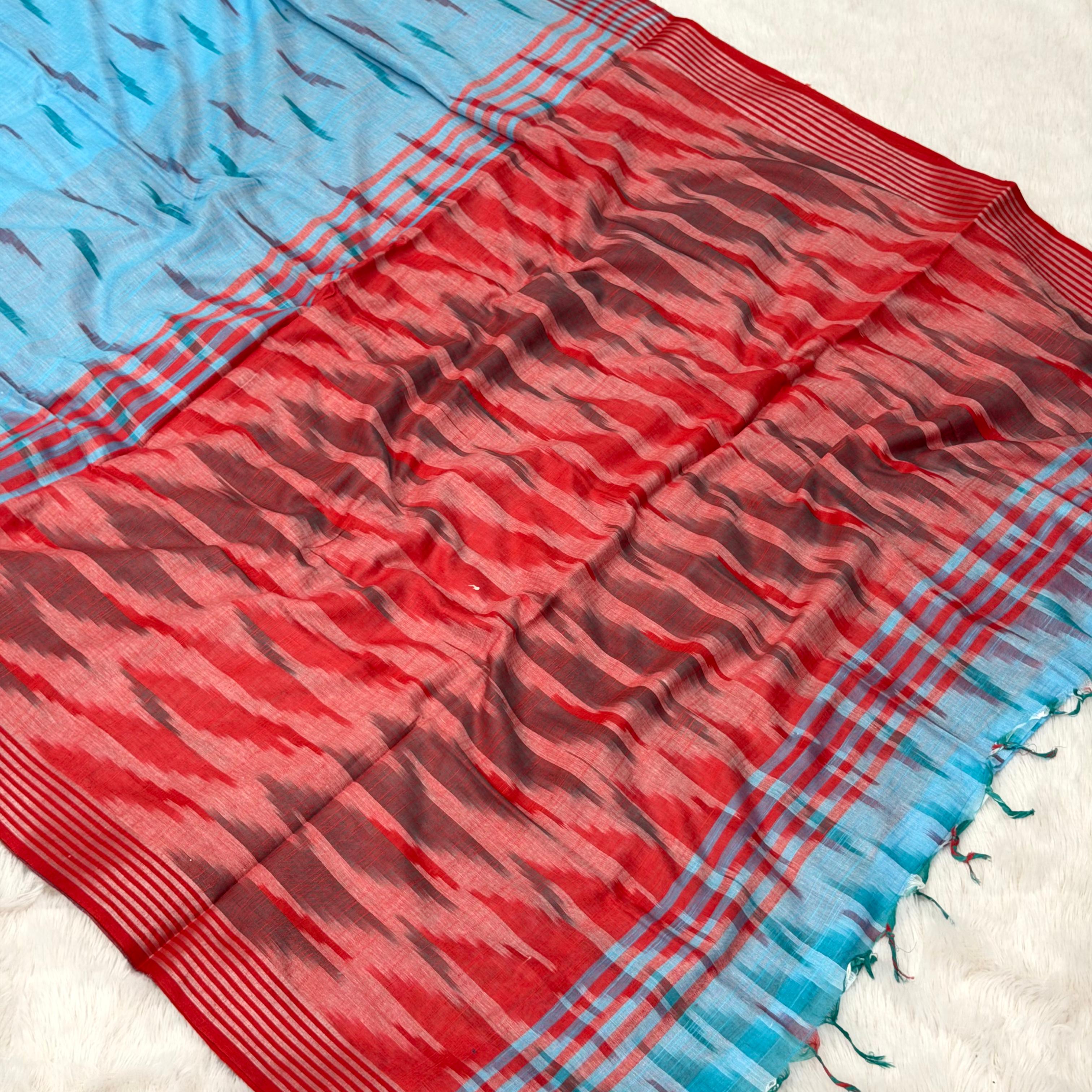 Naina Cotton Saree - Blue With Red