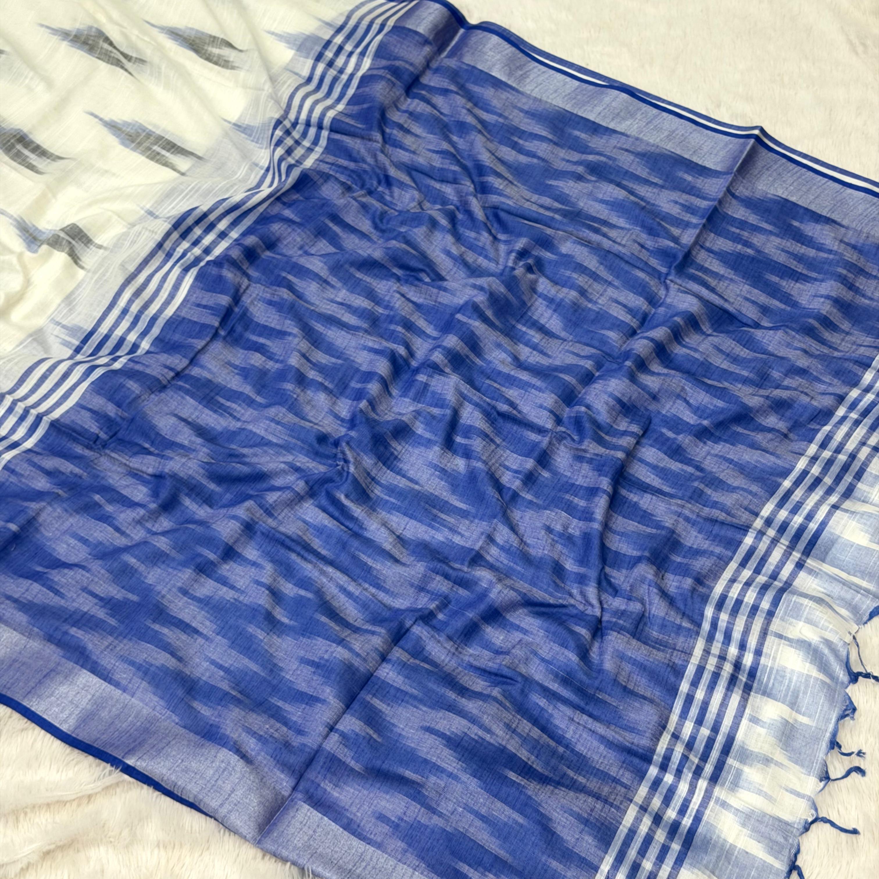 Naina Cotton Saree - Off White With Blue