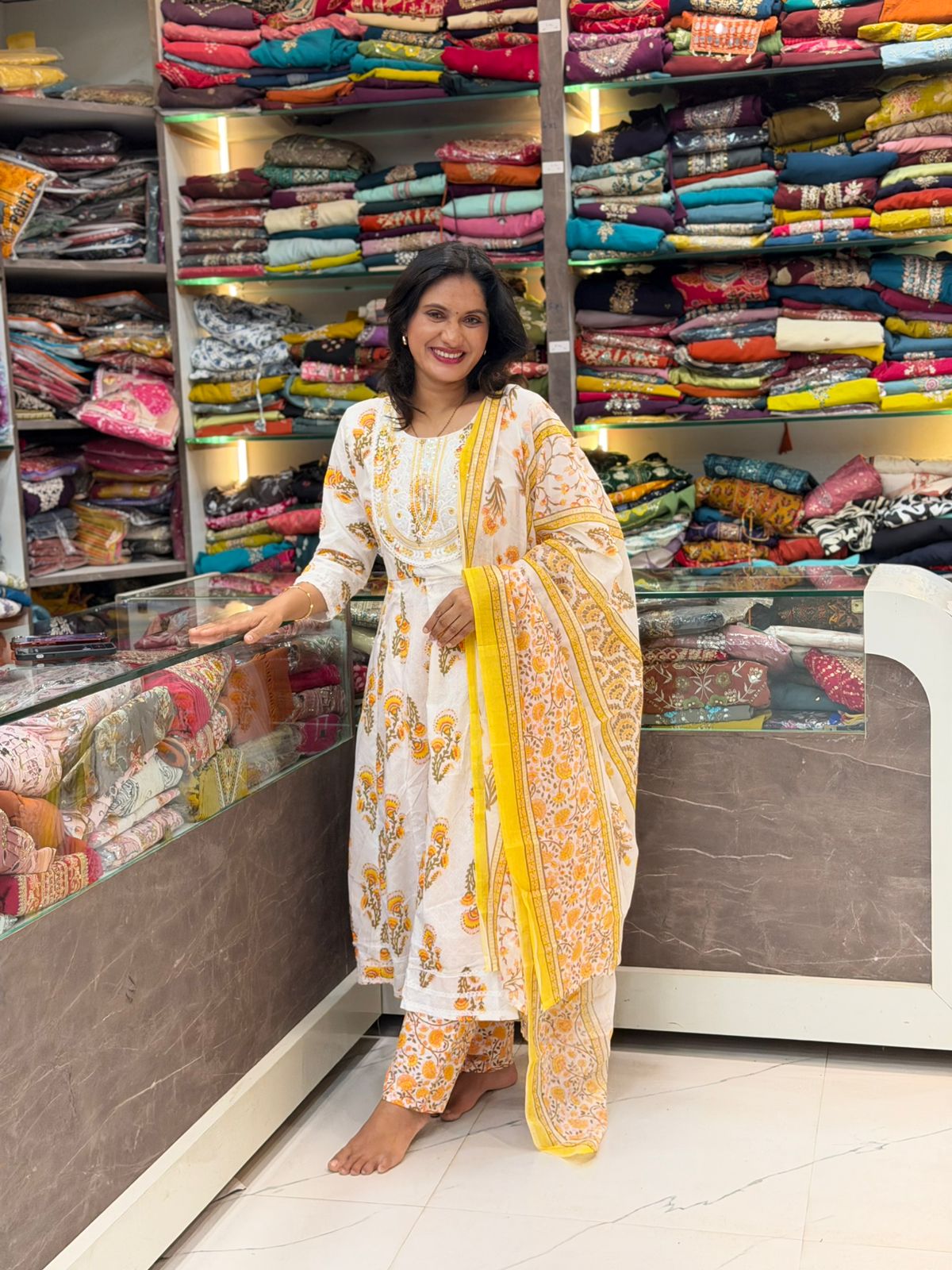 Floral Cotton 3 Pice Dress Set - Yellow