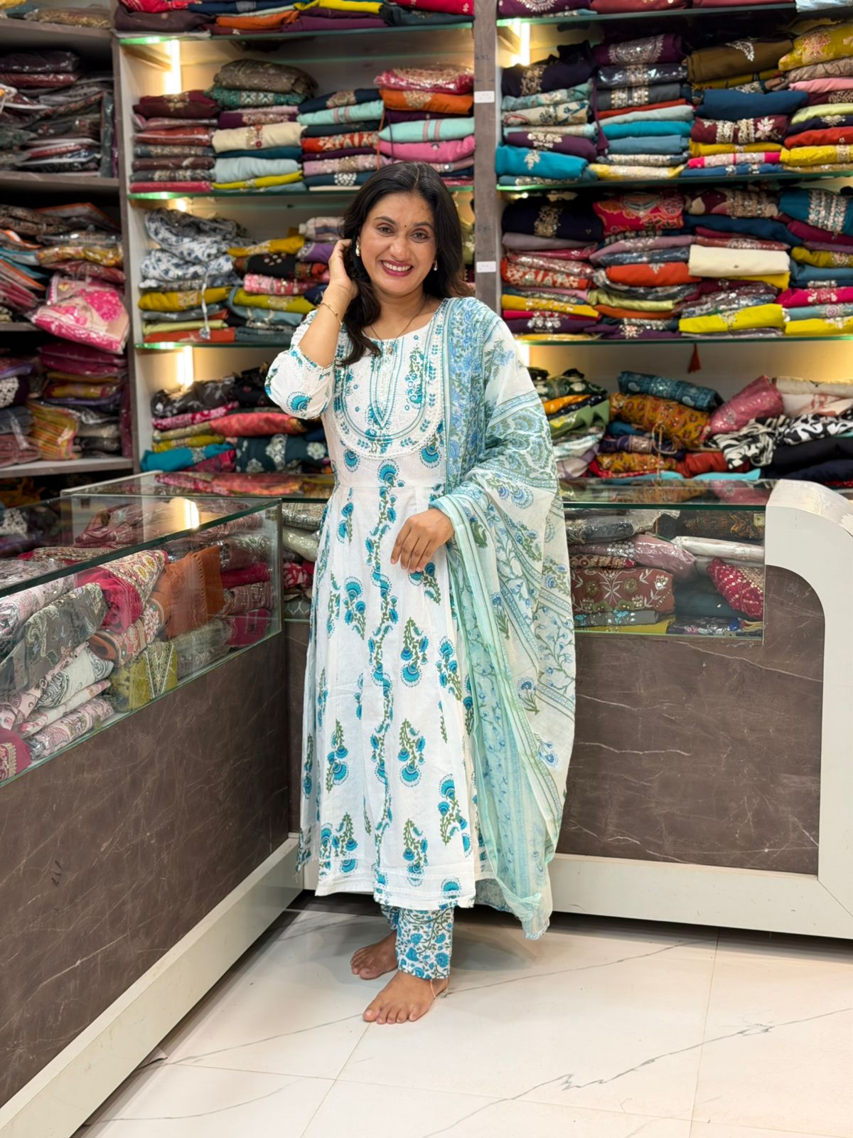 Floral  Cotton 3 Pice Dress Set - Blue