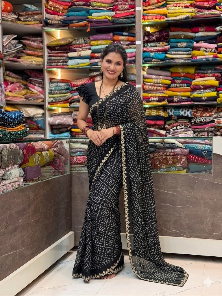 Simer shiffone bandhani saree  - Black