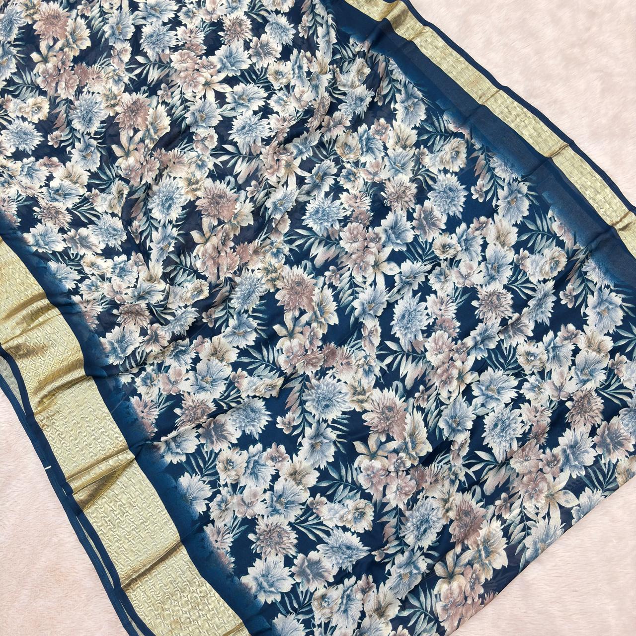 Full soft zari border Saree - Blue Shade
