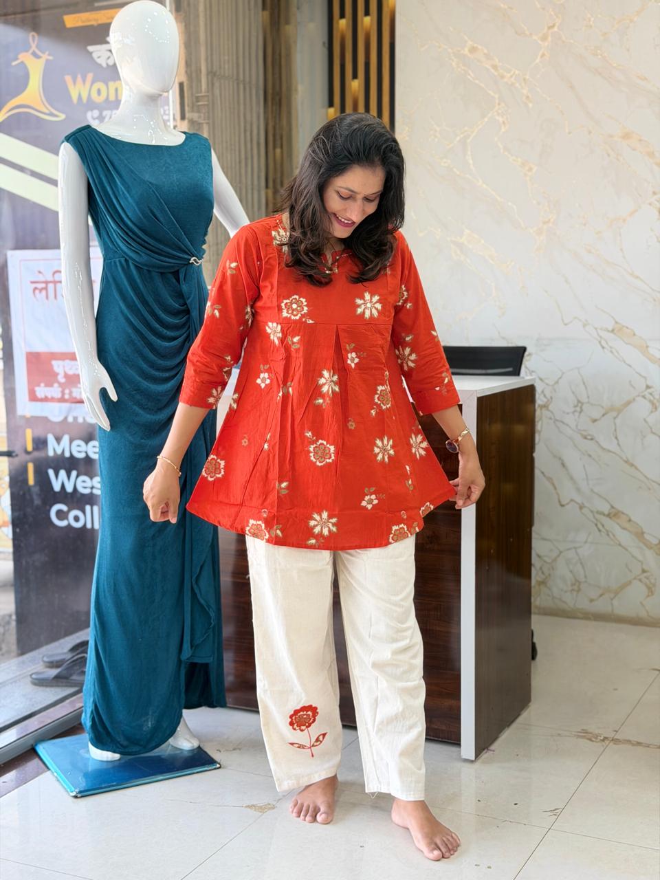 Jaipuri Cotton Kurti with Premium Khadi Pant Set - Orange