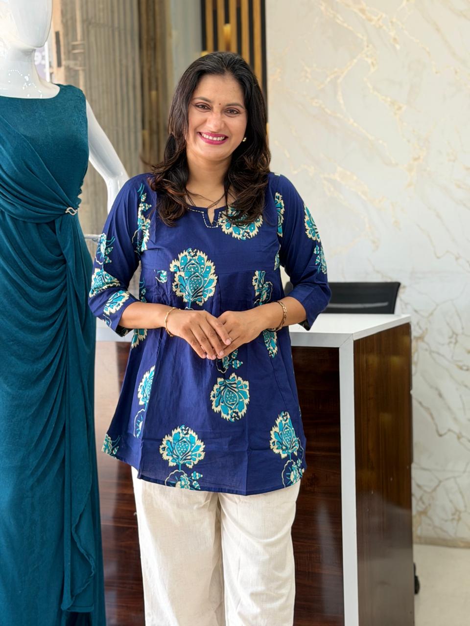 🌿 Jaipuri Cotton Kurti with Premium Khadi Pant Set -  Dark Blue