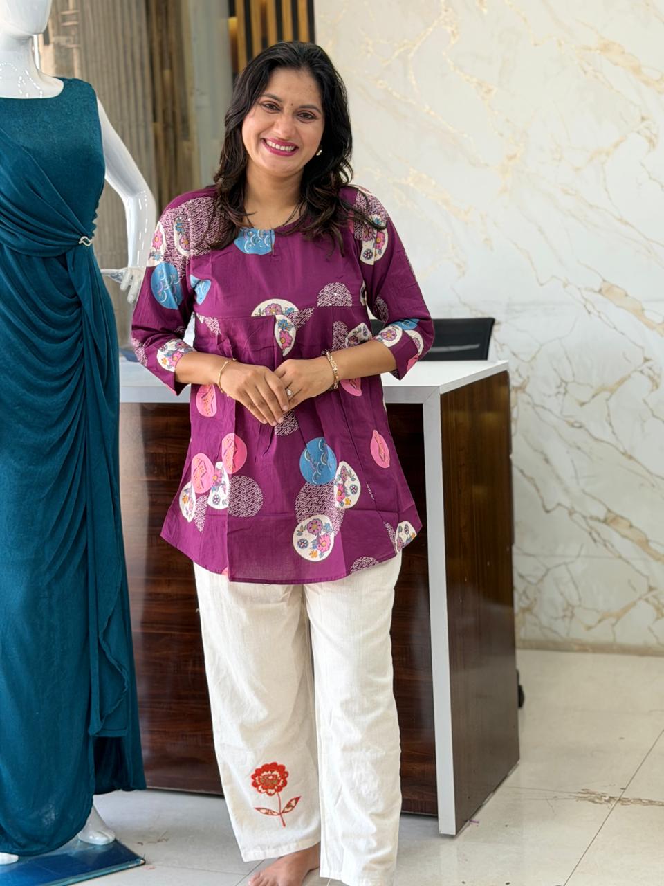 Jaipuri Cotton Kurti with Premium Khadi Pant Set - Purple