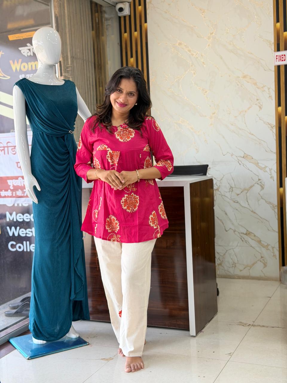 Jaipuri Cotton Kurti with Premium Khadi Pant Set - Pink