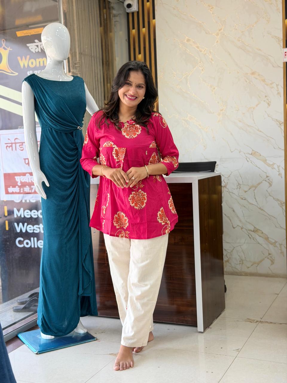 Jaipuri Cotton Kurti with Premium Khadi Pant Set - Pink