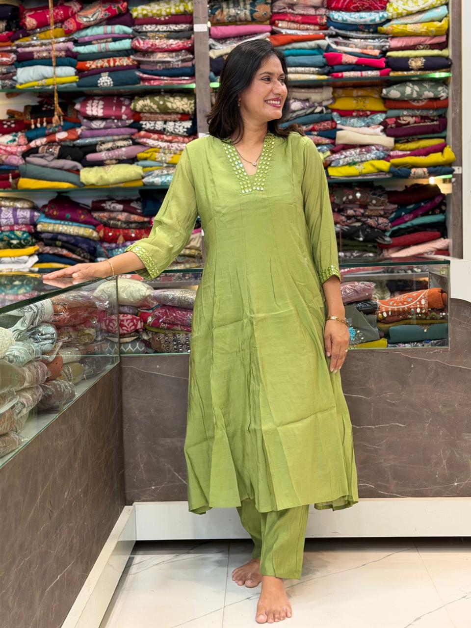 Chanderi Silk Umbrella Cord Set - Green