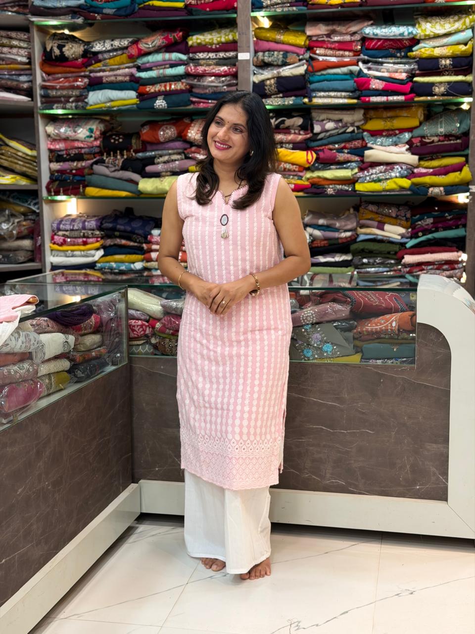 Mal Cotton Chikankari Kurti Set  - Light Pink