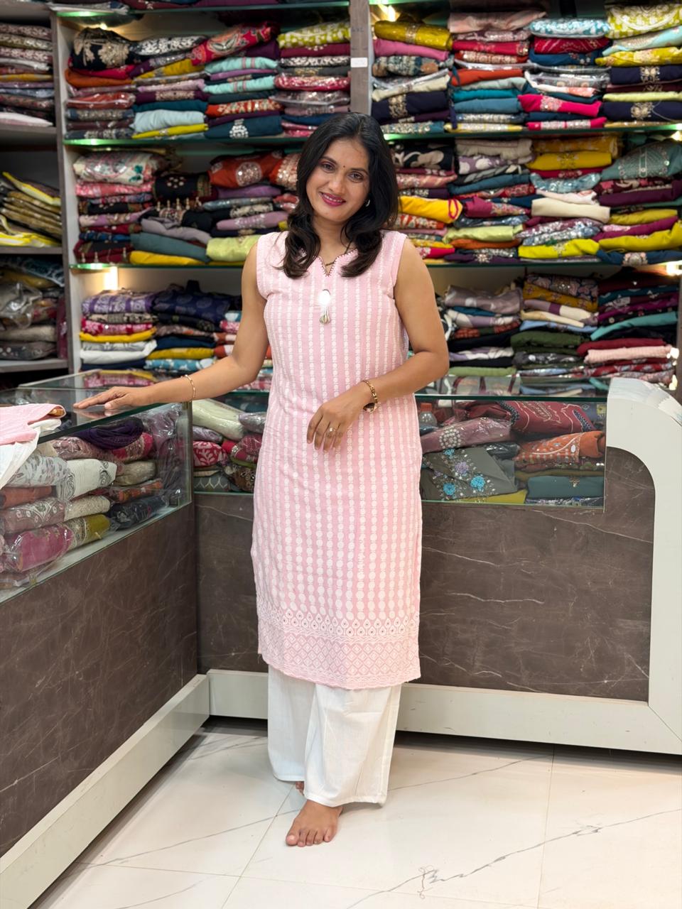 Mal Cotton Chikankari Kurti Set  - Light Pink
