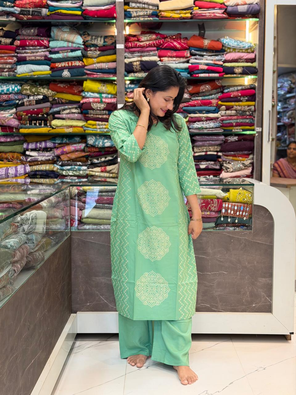 Bandhani Khadi Print Design Cord Set - Pista