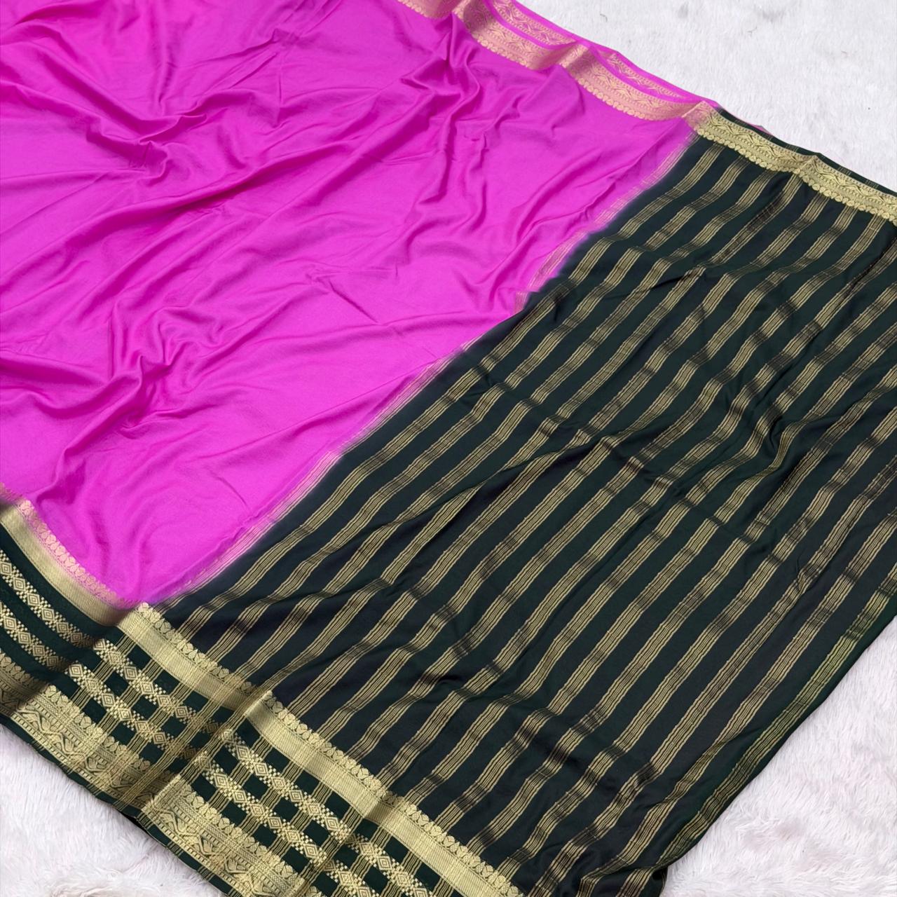 Crep contrst boarder saree - Rose Pink