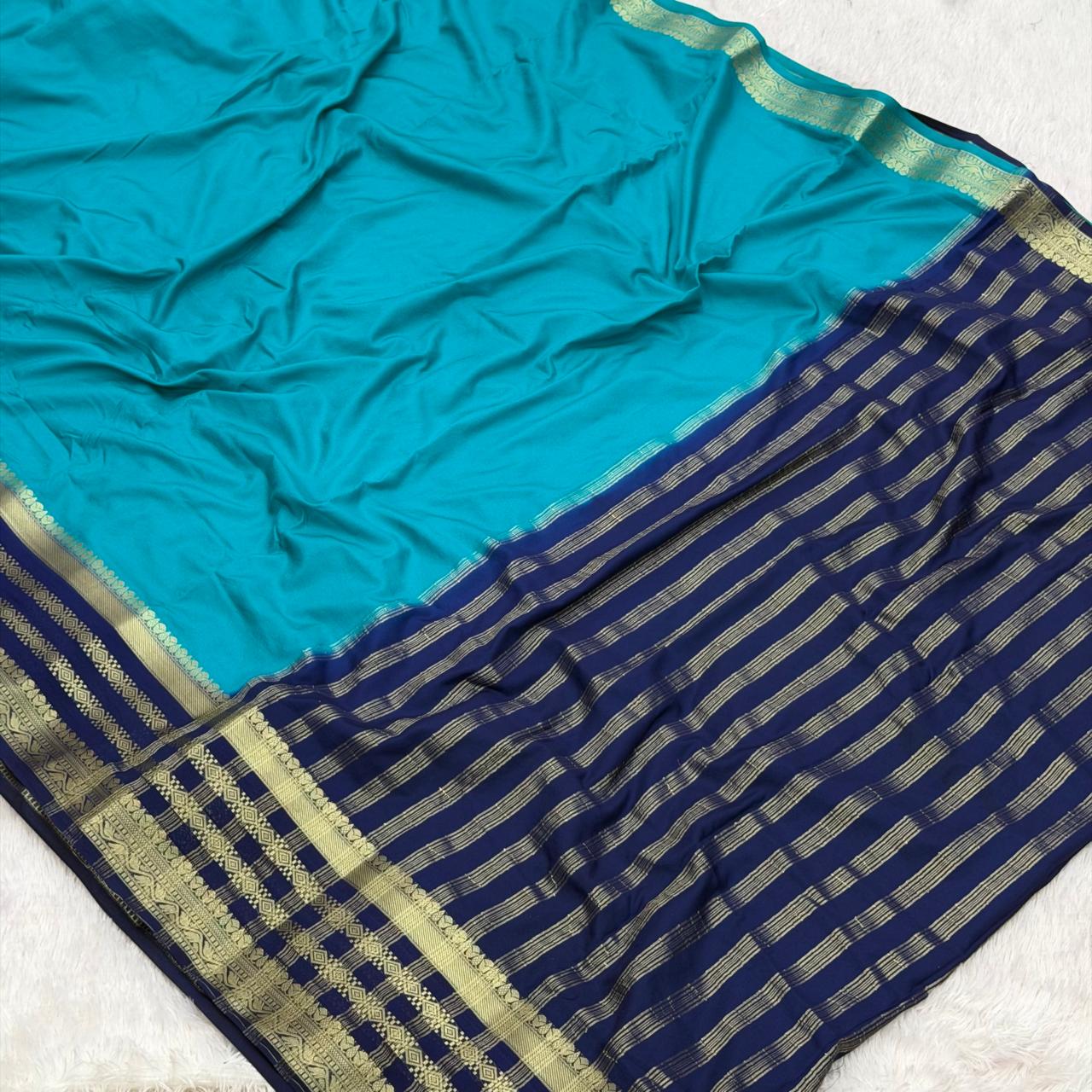 Crep contrst boarder saree -  Sky blue