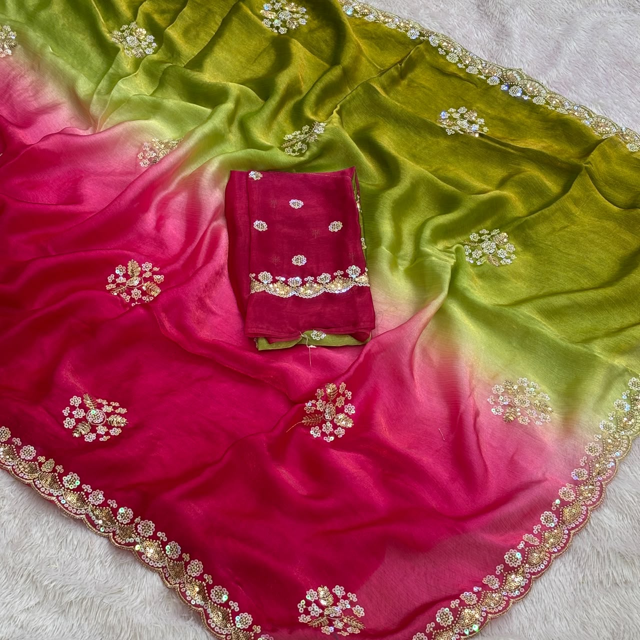 Multicolour Finishing Designer Saree -  Parrot Green