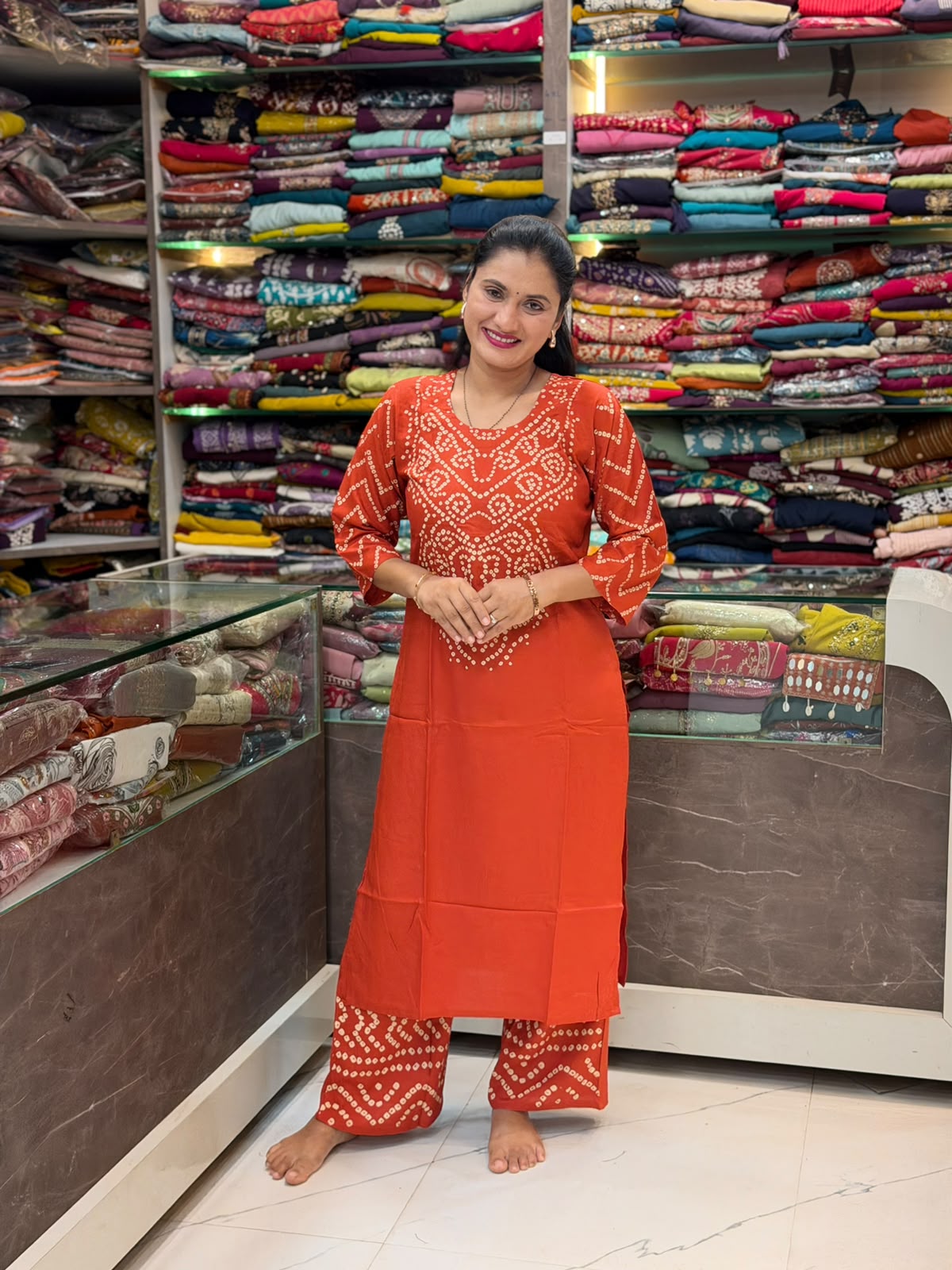 Bandhani Khadi Print Cord Set - Orange