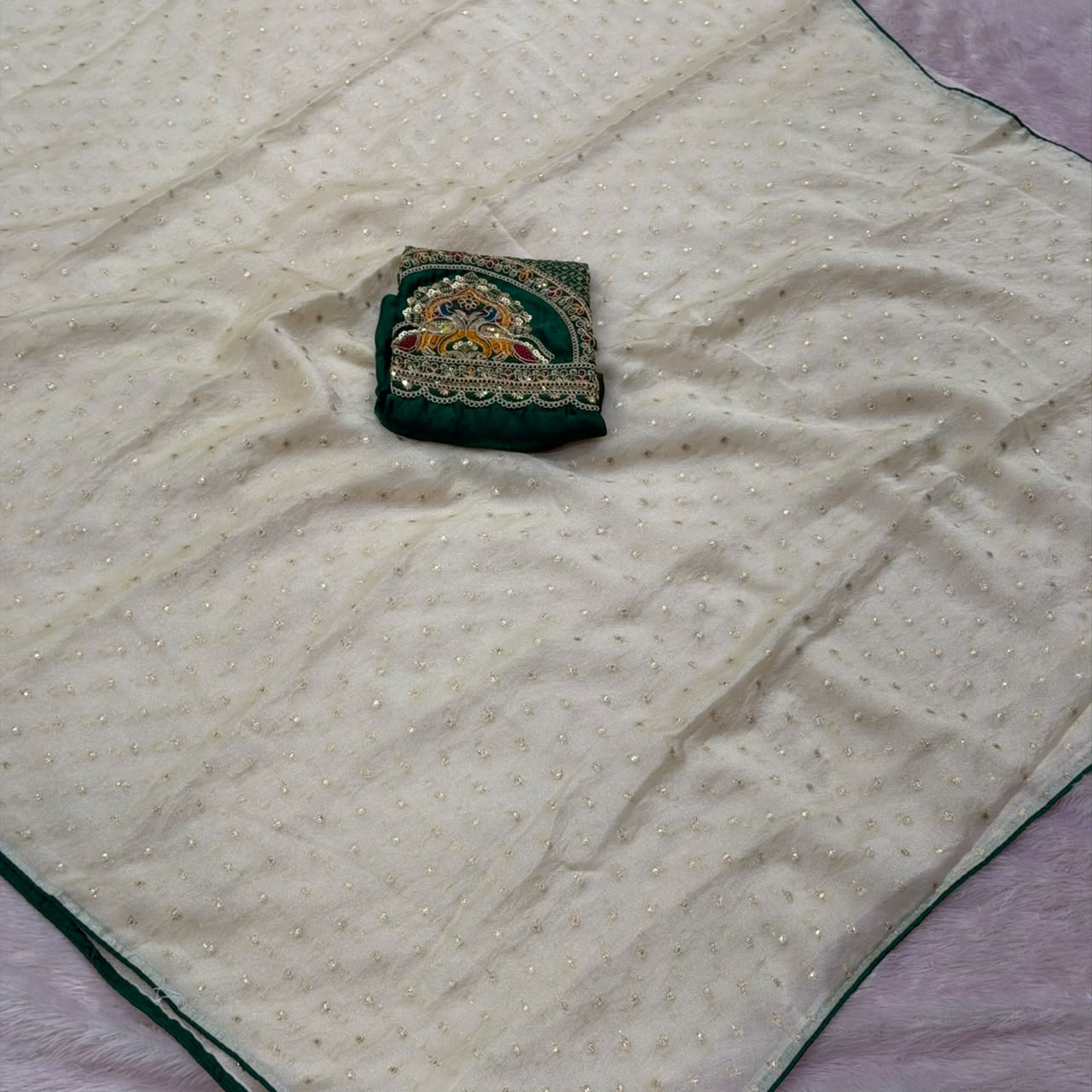 Radha Rani Soft Marshmallow Saree - Off White With Green