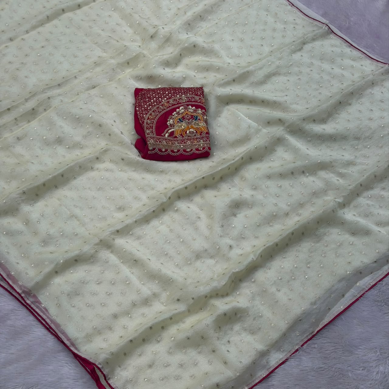 Radha Rani Soft Marshmallow Saree - Off White With  Pink  Combination