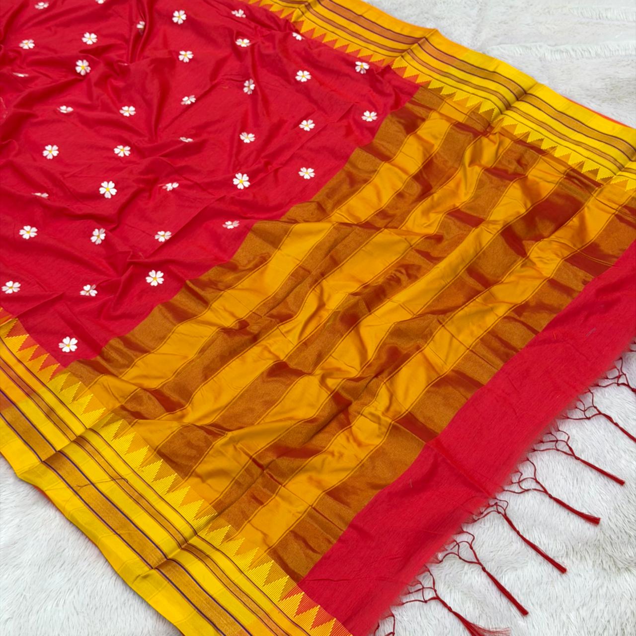 Sadafuli Design Cotton Silk Blend Saree- Saffron Yellow