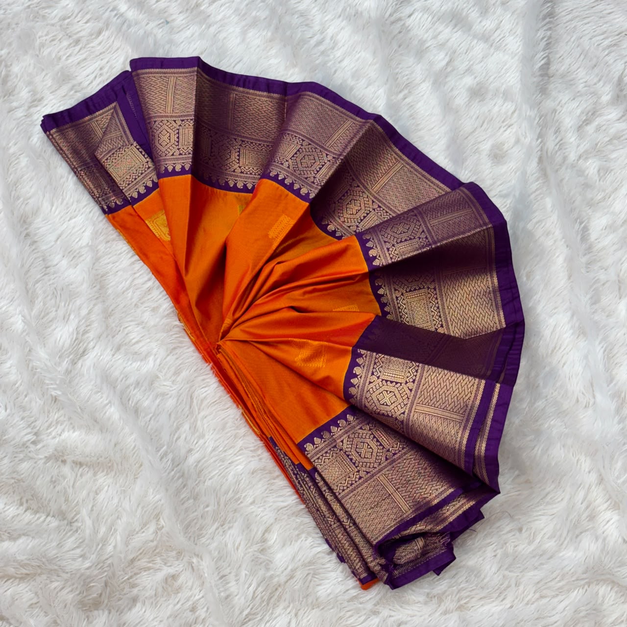 Silk Gadwal Saree -  Orange With Purple Shade Border