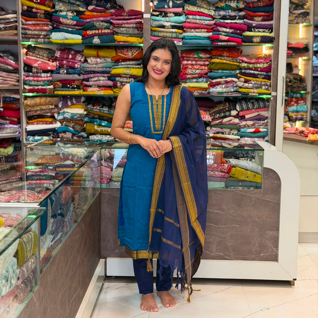Beautiful  Cotton Ikkat 3 Piece Dress Set  - Blue