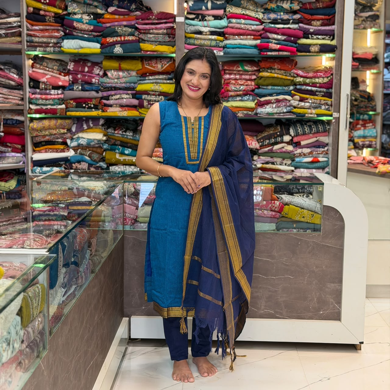 Beautiful  Cotton Ikkat 3 Piece Dress Set  - Blue