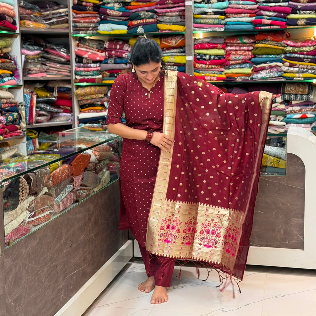 Chanderi cotton Paithani 3 Piece Dress Set - Maroon