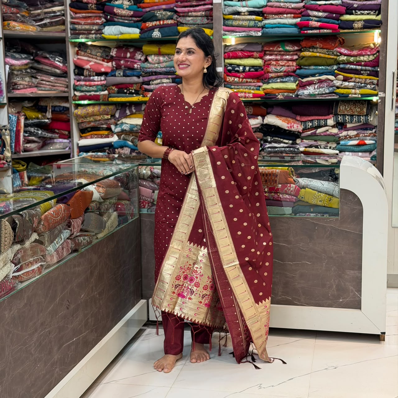 Chanderi cotton Paithani 3 Piece Dress Set - Maroon
