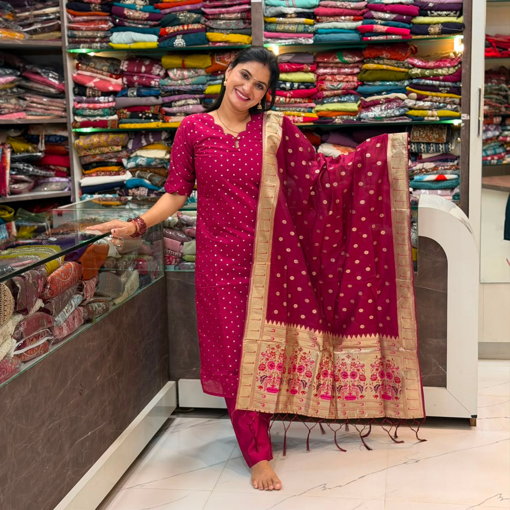 Chanderi cotton Paithani 3 Piece Dress Set - Pink