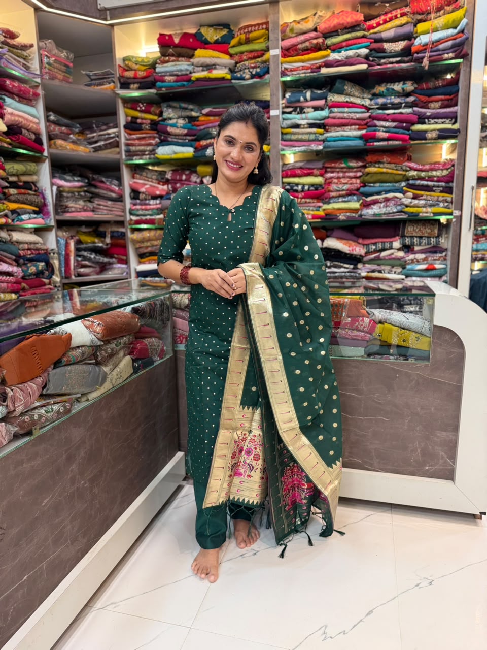 Chanderi cotton Paithani 3 Piece Dress Set - Green