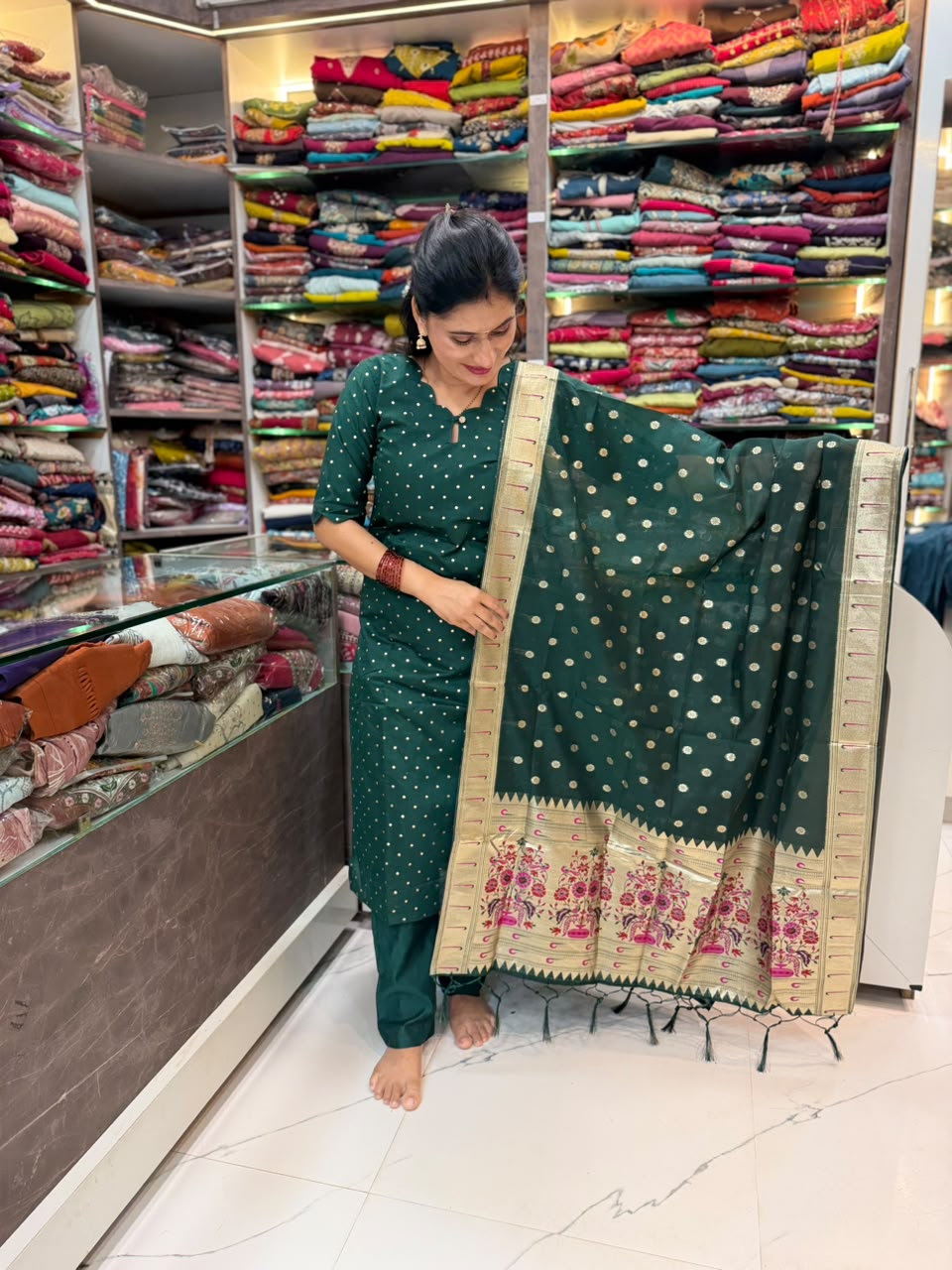 Chanderi cotton Paithani 3 Piece Dress Set - Green