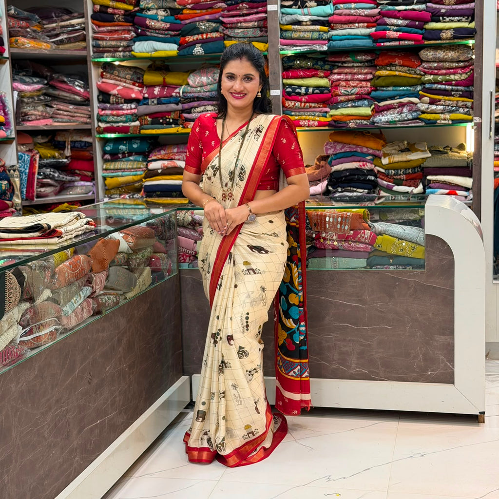 Gull Printed Pattern  Saree - Red Boarder
