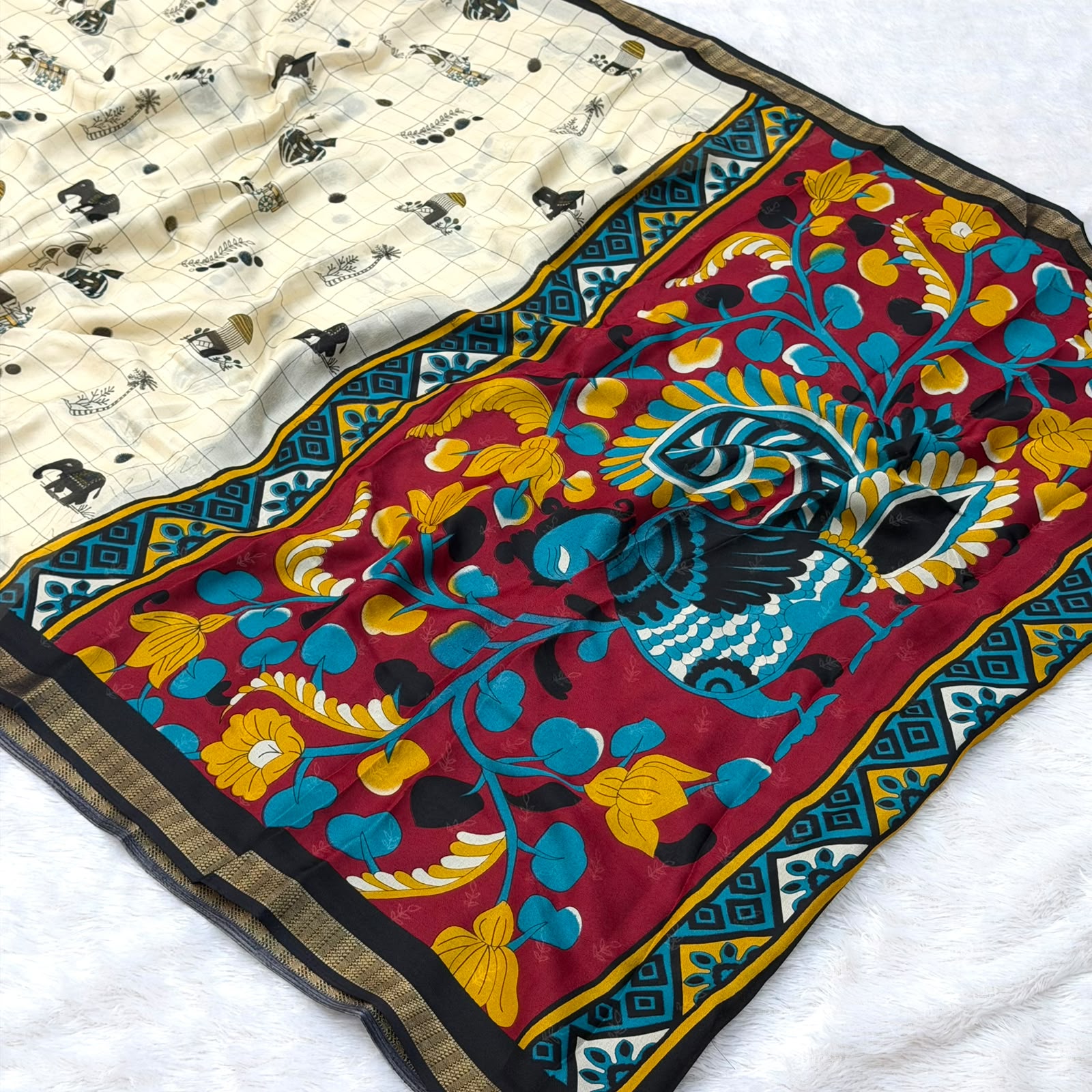 Gull Printed Pattern  Saree - Black Boarder