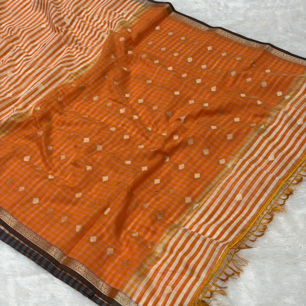 Maheshwari Style Saree-  Orange