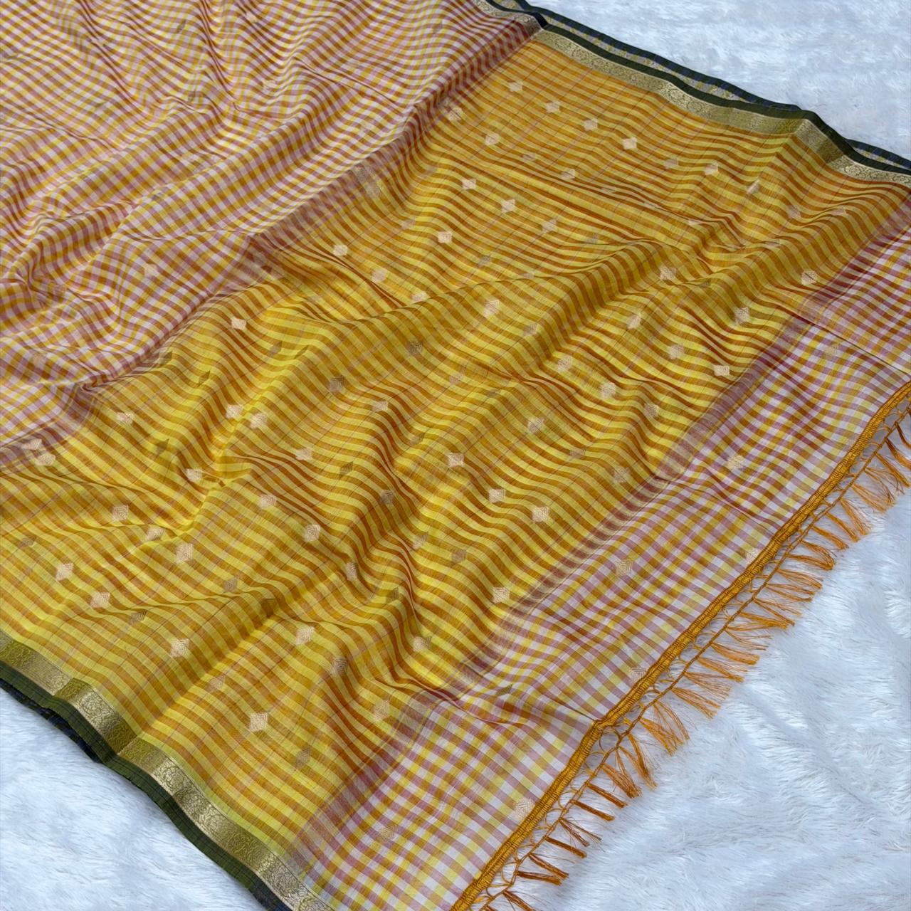 Checks Maheshwari Style Saree - Lemon Yellow