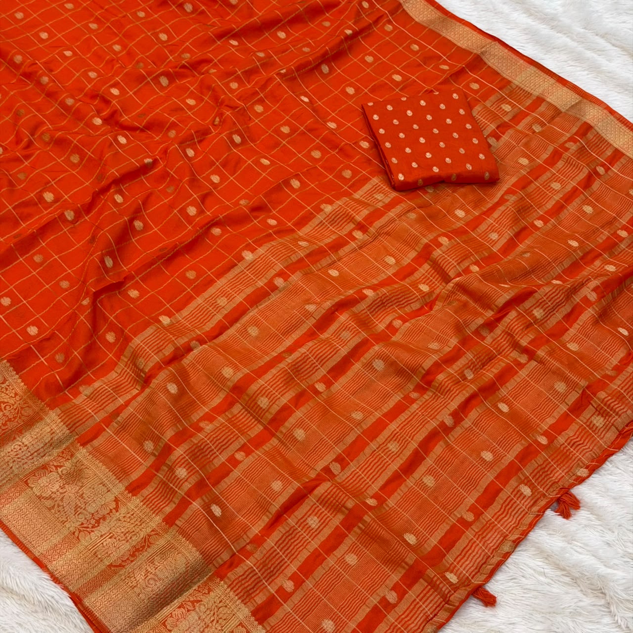 Viscose Check Saree -Orange