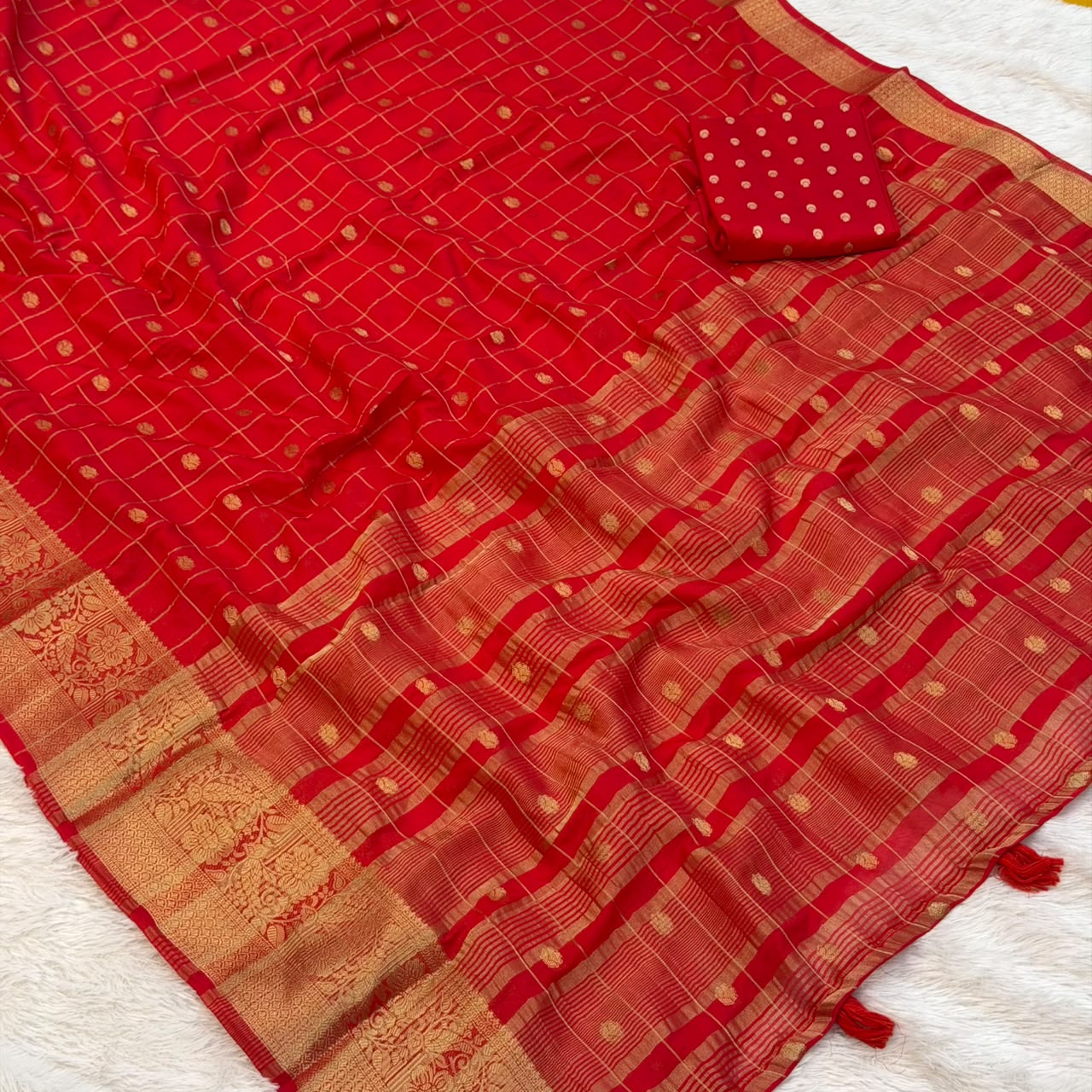 Viscose Check Saree- Red