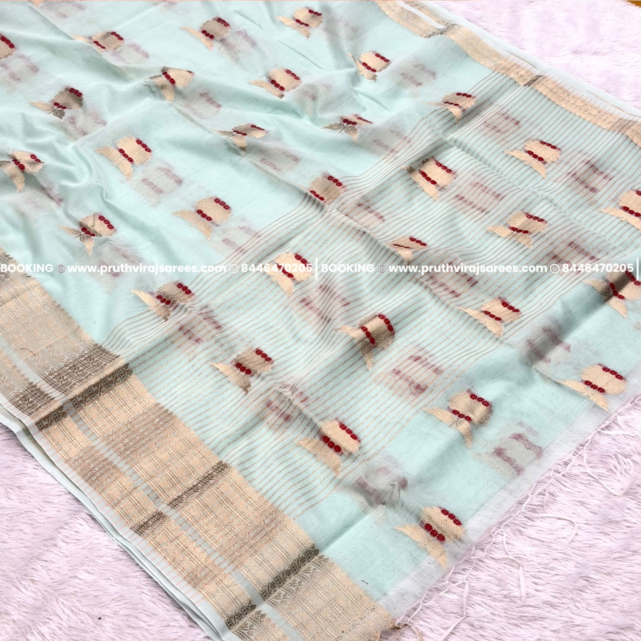 Chanderi Mal Fabric Saree - Sky Blue