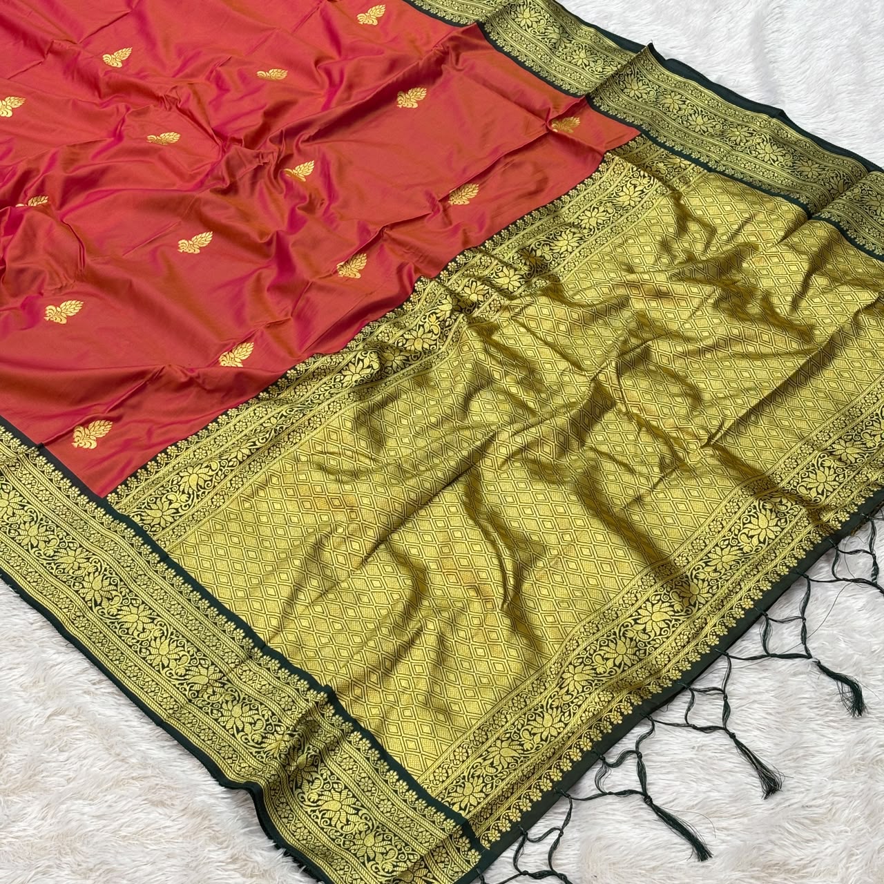 Brown & Golden Zari Work Saree - Red
